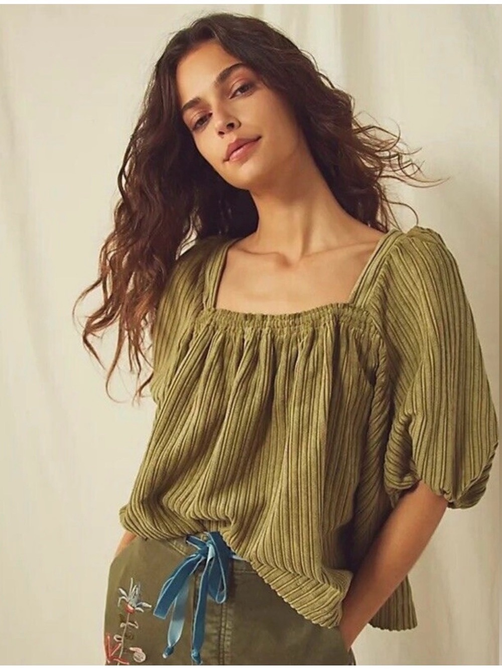 Free People Raquel Cord Top Size Small Olive